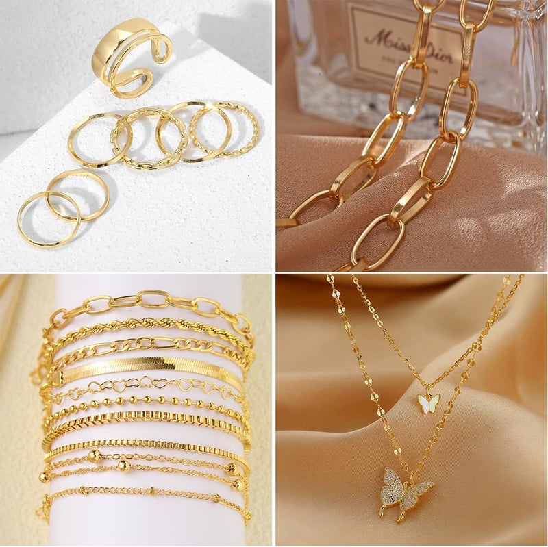 IFNODO 47pcs Gold Jewelry Set With 3 PCS Necklace, 11 PCS Bracelet,20pcs Hoop Stud Earrings,7pcs rings set For Women For Birthday Gifts - Image 5
